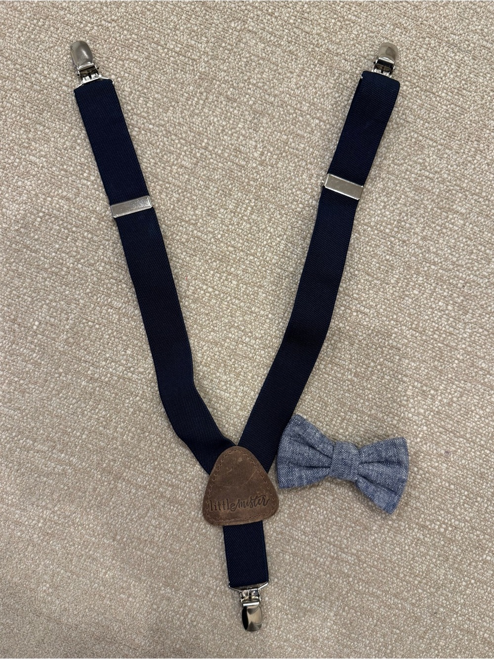 Boys’ Little Mister Navy Suspenders with Light Chambray Bow Tie